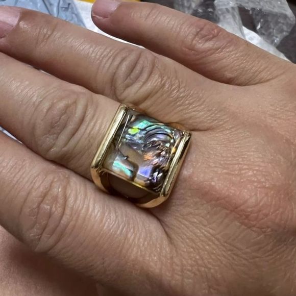 Gold titanium and genuine natural abalone boho chic statement ring sz 8 new - Picture 4 of 7